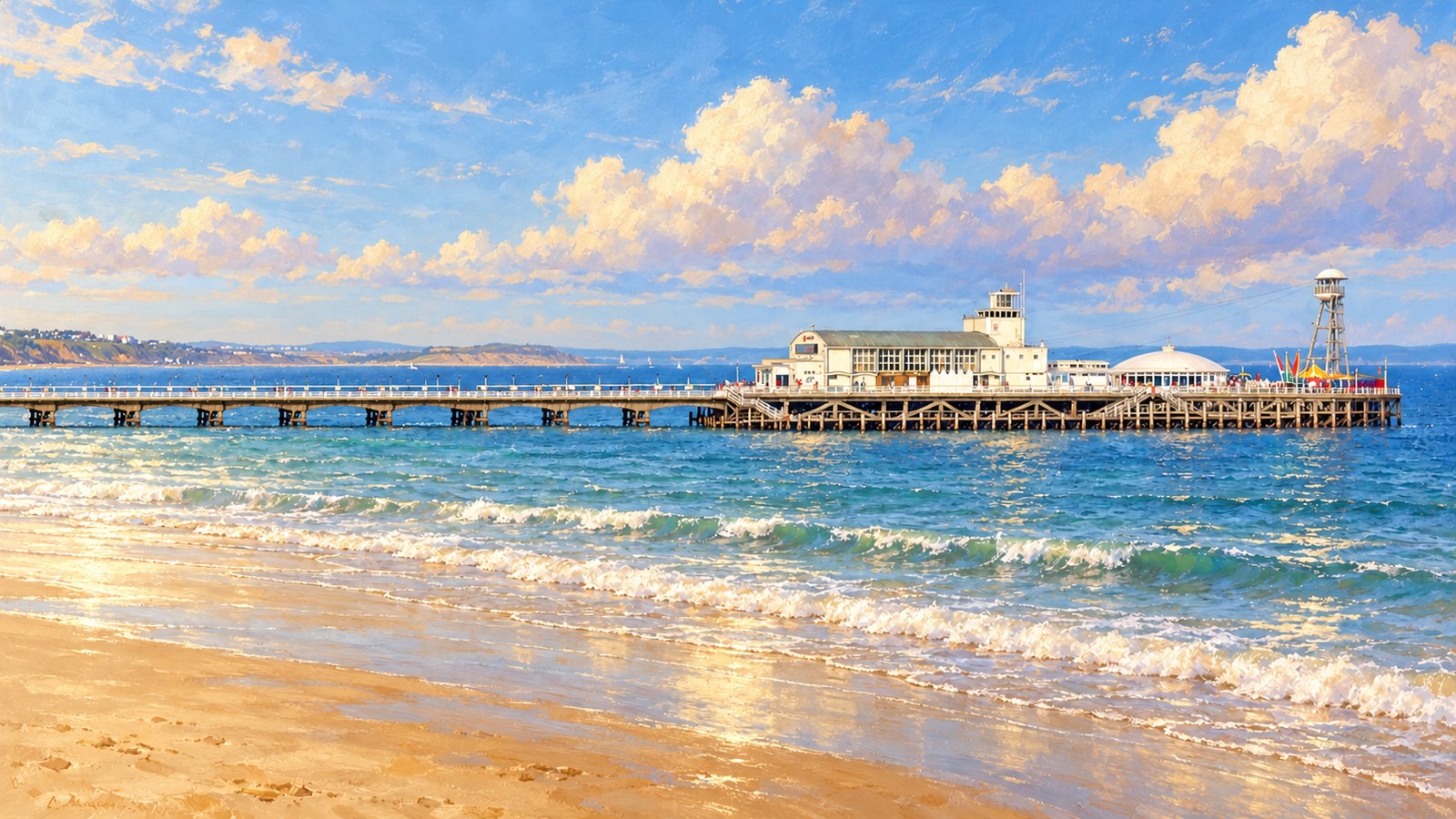 Artist's impression of Bournemouth Pier and its sandy bay